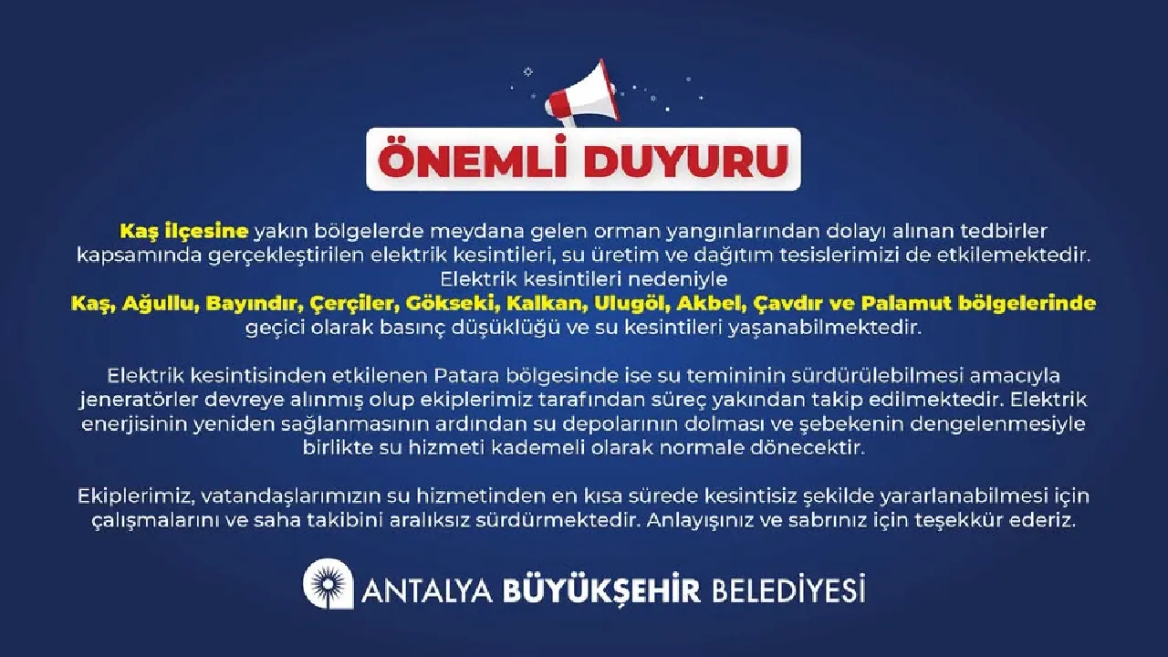 Kaş'ta yangın tedbirleri su ve elektrik hizmetini etkiledi