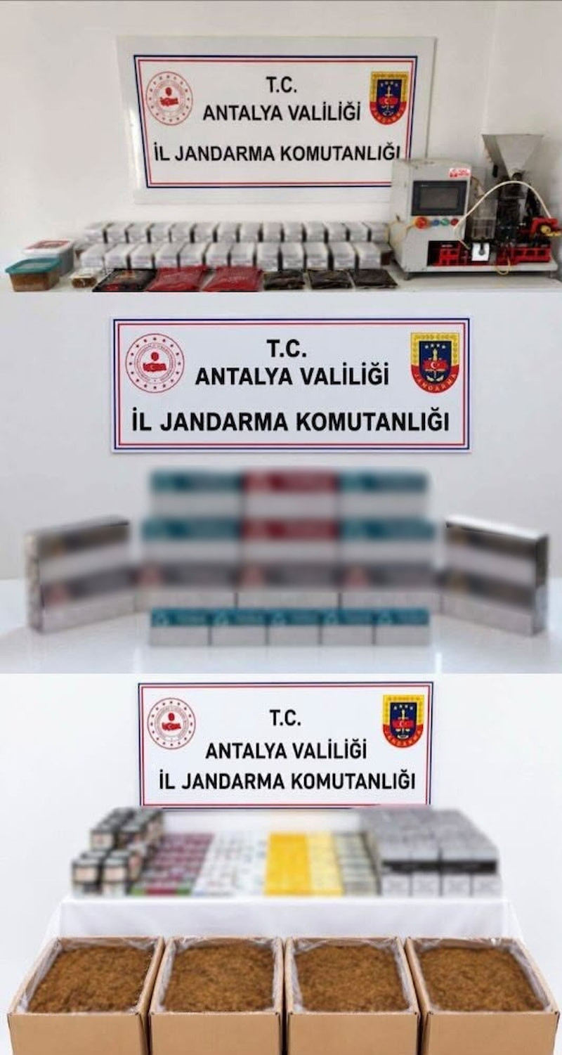 <pAntalya İl Jandarma Komutanlığı ekipleri, Antalya ve Alanya Cumhuriyet Başsavcılıklarının talimatları doğrultusunda kaçak tütün ve tütün mamullerinin ticareti ile kullanımının önlenmesine yönelik çalışma yaptı. Döşemealtı, Aksu ve Alanya’da şüphelilerin ikametlerinde ve bir işletmede yapılan aramalarda 400 kilogram açık kıyılmış tütün, 36 bin 80 doldurulmuş makaron, 250 paket kaçak sigara ve 250 paket kaçak ithal tütün ele geçirildi.</p